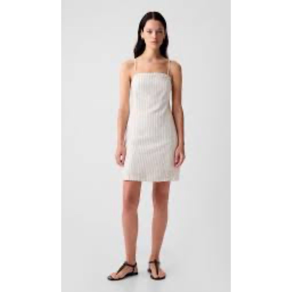 GAP‎ Women's Linen Blend Mini Dress Off White Stripes Spaghetti Straps Size XXS